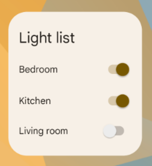 Um widget de um app chamado "Lista de luzes", mostrando chaves
de alternância com os rótulos "Quarto", "Cozinha" e "Sala de estar", com os dois primeiros
desativados