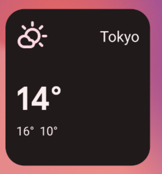 Exemplo de widget de clima no menor tamanho de grade 3x2 e que lista o
o nome do local (Tóquio), a temperatura (14°) e o símbolo que indica
tempo parcialmente nublado