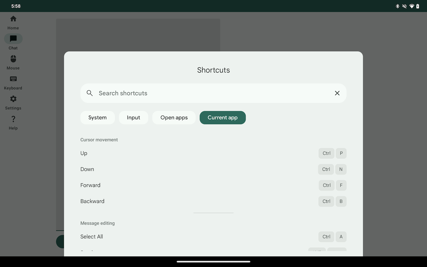 Application open on a device showing shortcut groups.