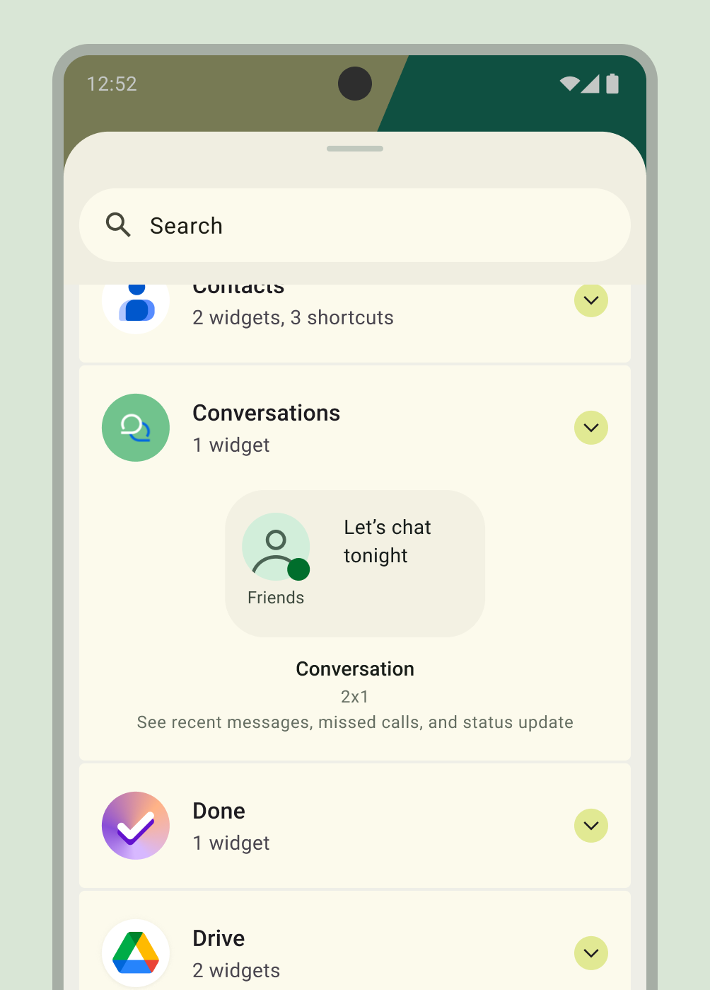 Yeni bir görüşme widget'ı eklemek için widget seçici kullanıcı arayüzü