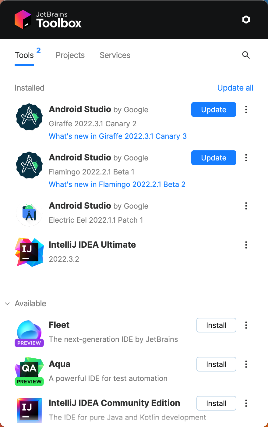 Jetbrains Toolbox में अपडेट उपलब्ध होने की जानकारी